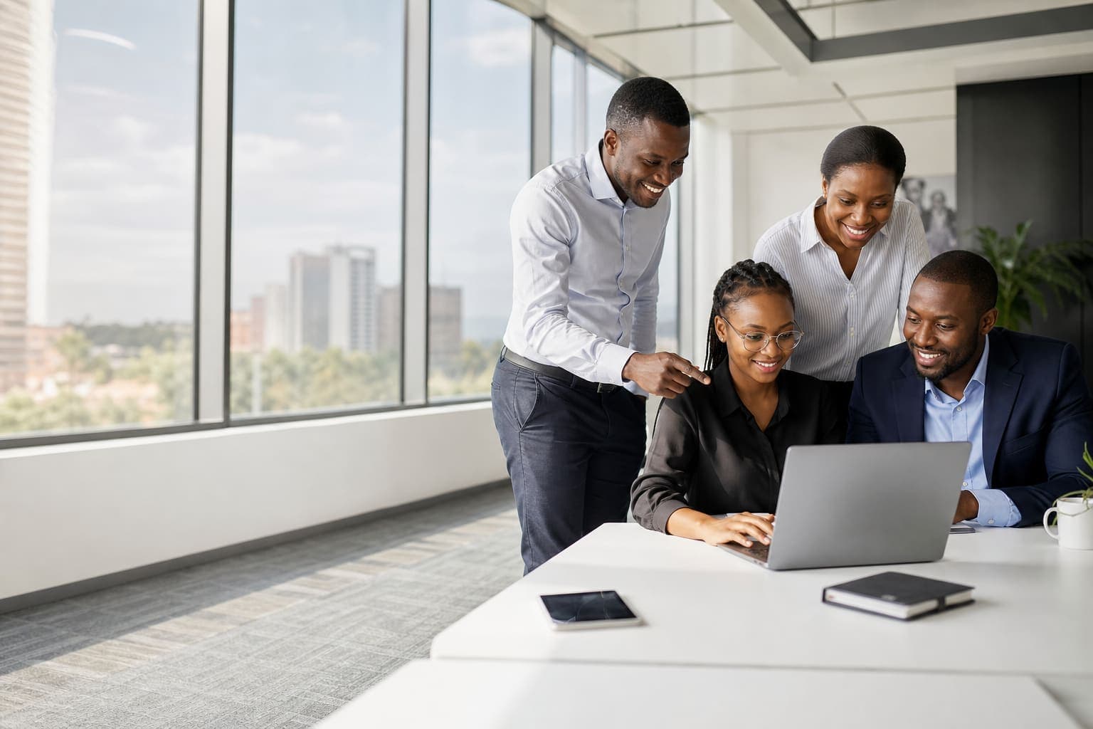 Diverse Kenyan technology and business professionals collaborating in a modern Nairobi office