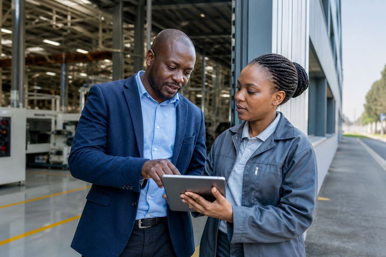 Manufacturing manager and engineer reviewing production analytics on a tablet in a modern plant