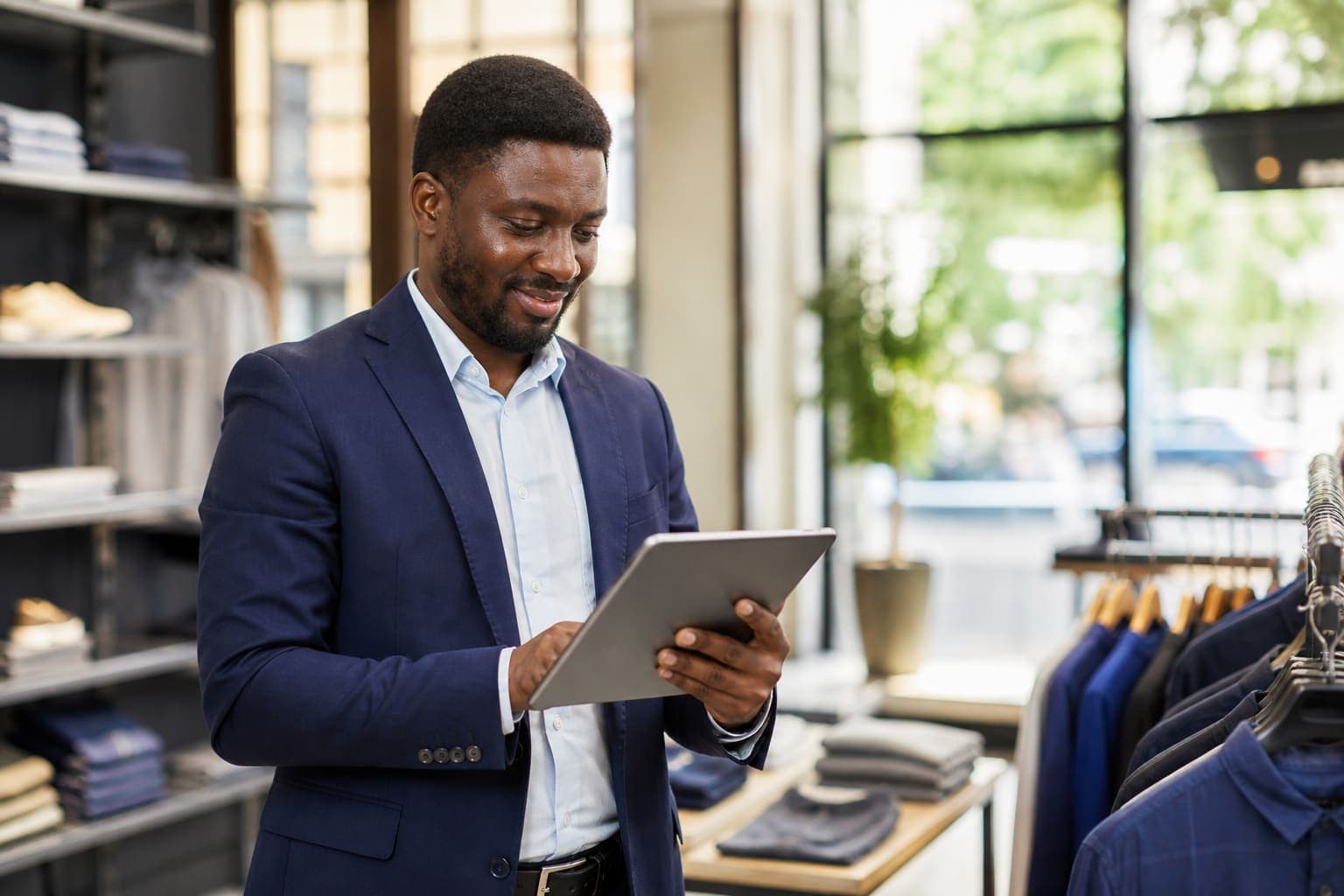 Retail manager reviewing ecommerce and store performance on a tablet in a modern shop