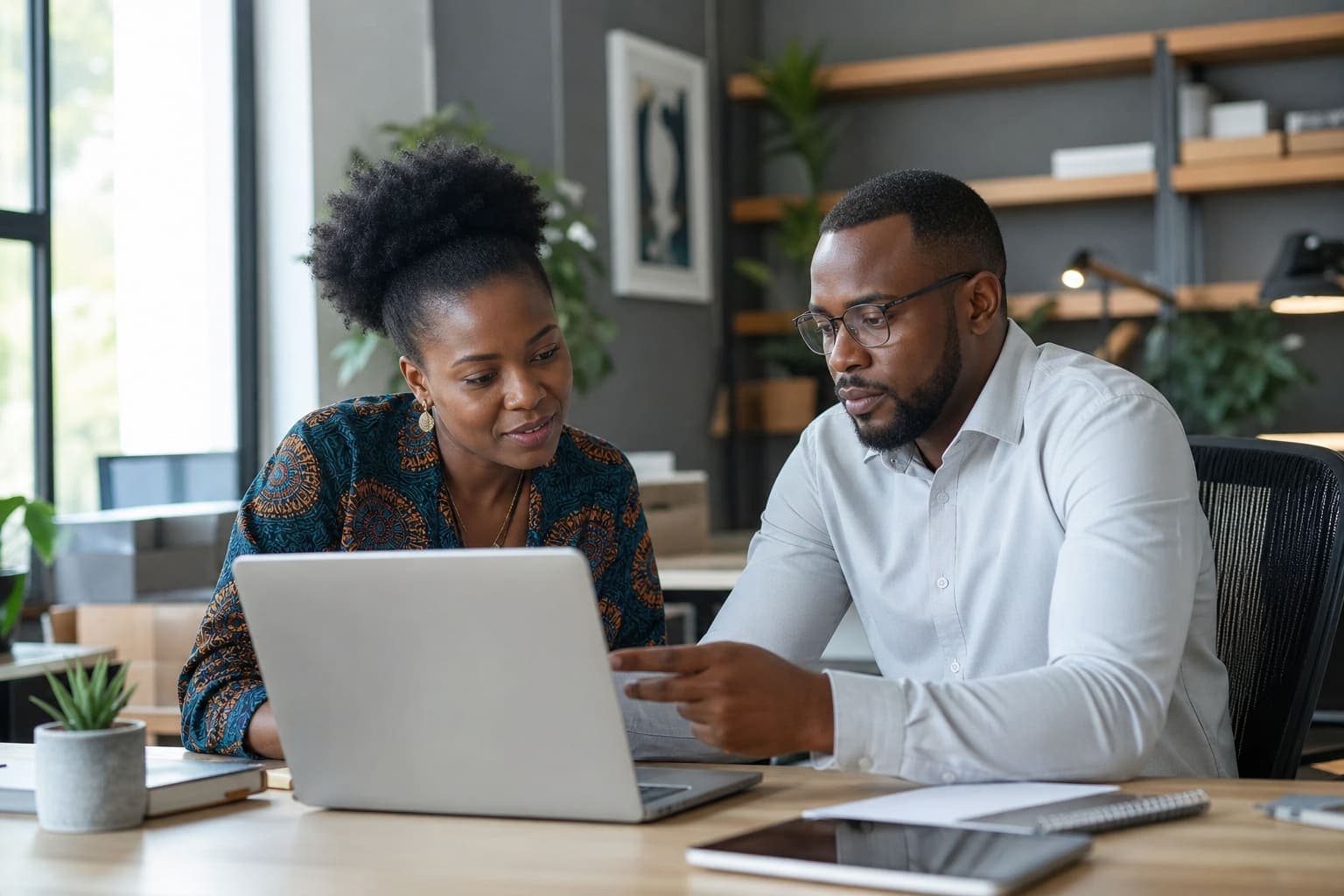 SME owner and consultant reviewing an automated business workflow on a laptop