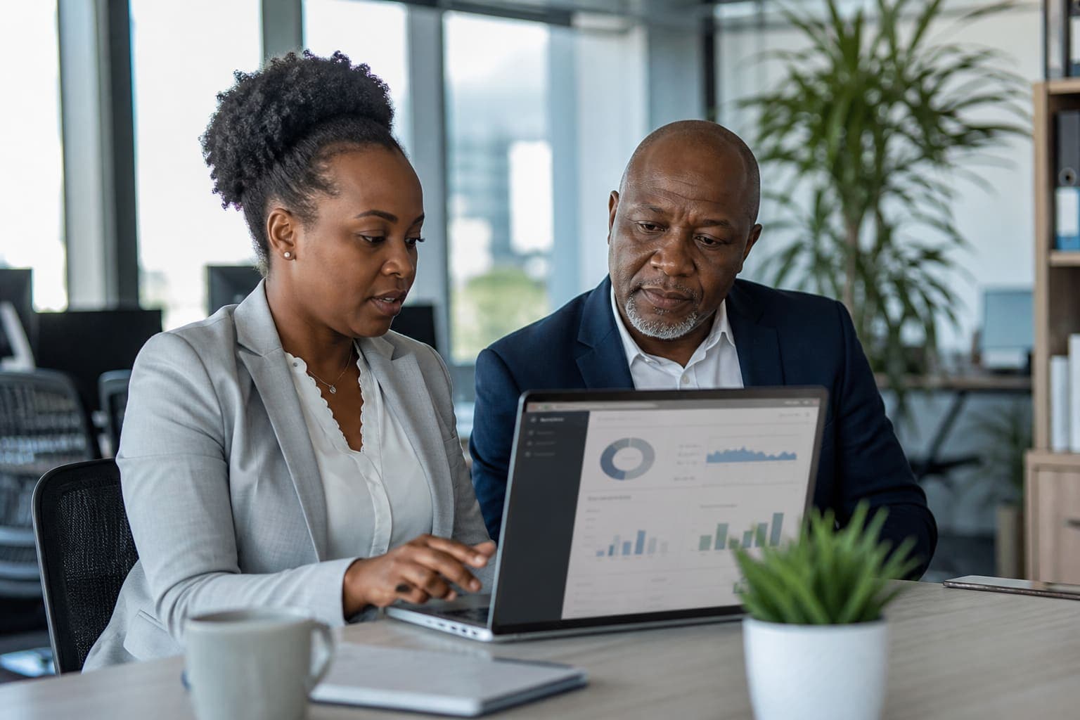 Operations manager and consultant reviewing an ERP-style business dashboard