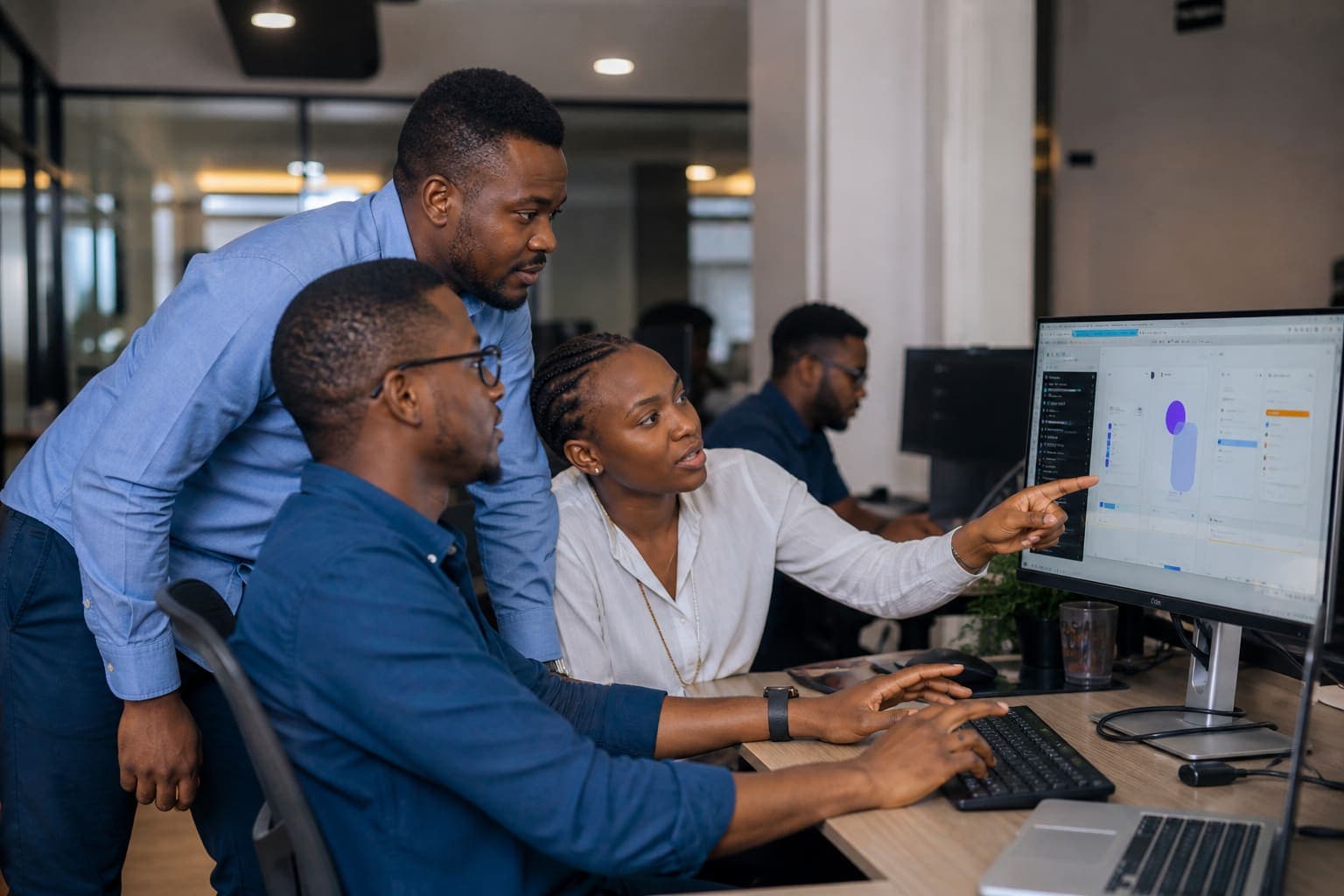 Software developers collaborating on architecture and product requirements