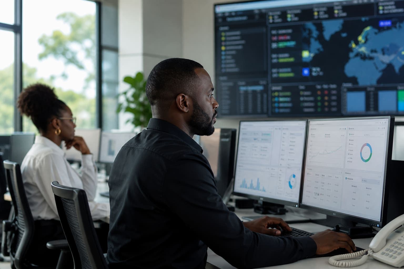 Security professionals monitoring business infrastructure in a calm workspace