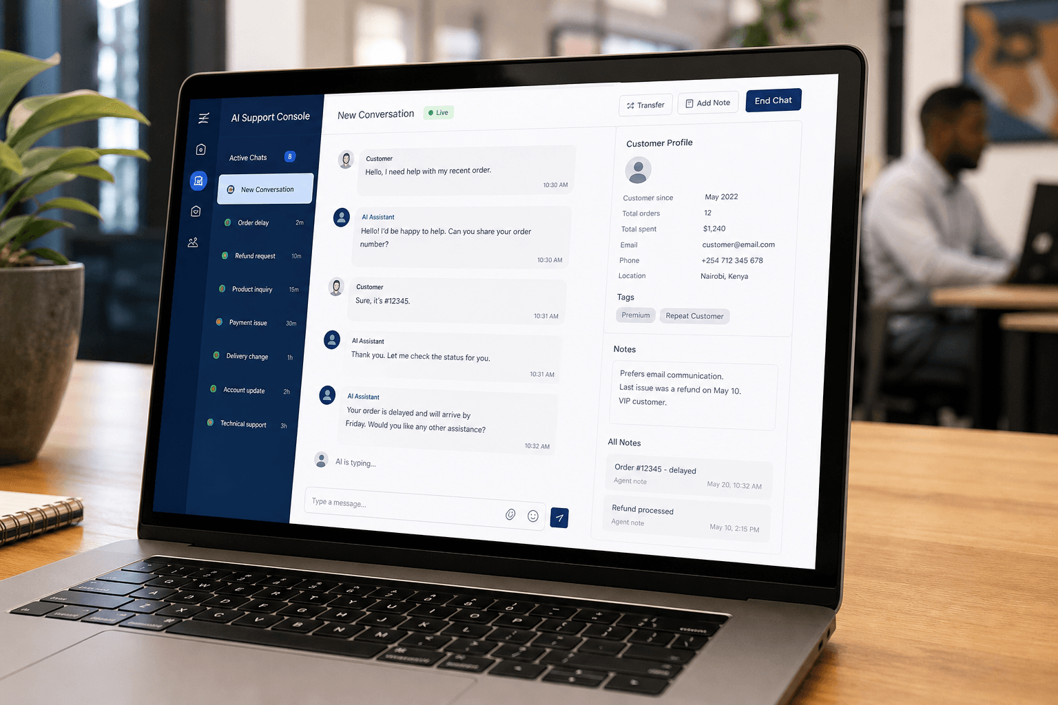AI support automation console with CRM-connected conversation view
