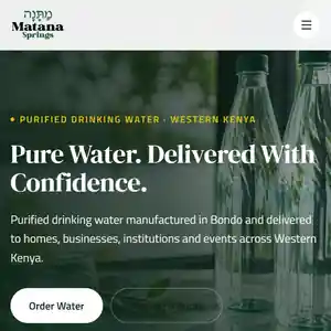 Matana Springs website on a phone: purified drinking water delivered across Western Kenya